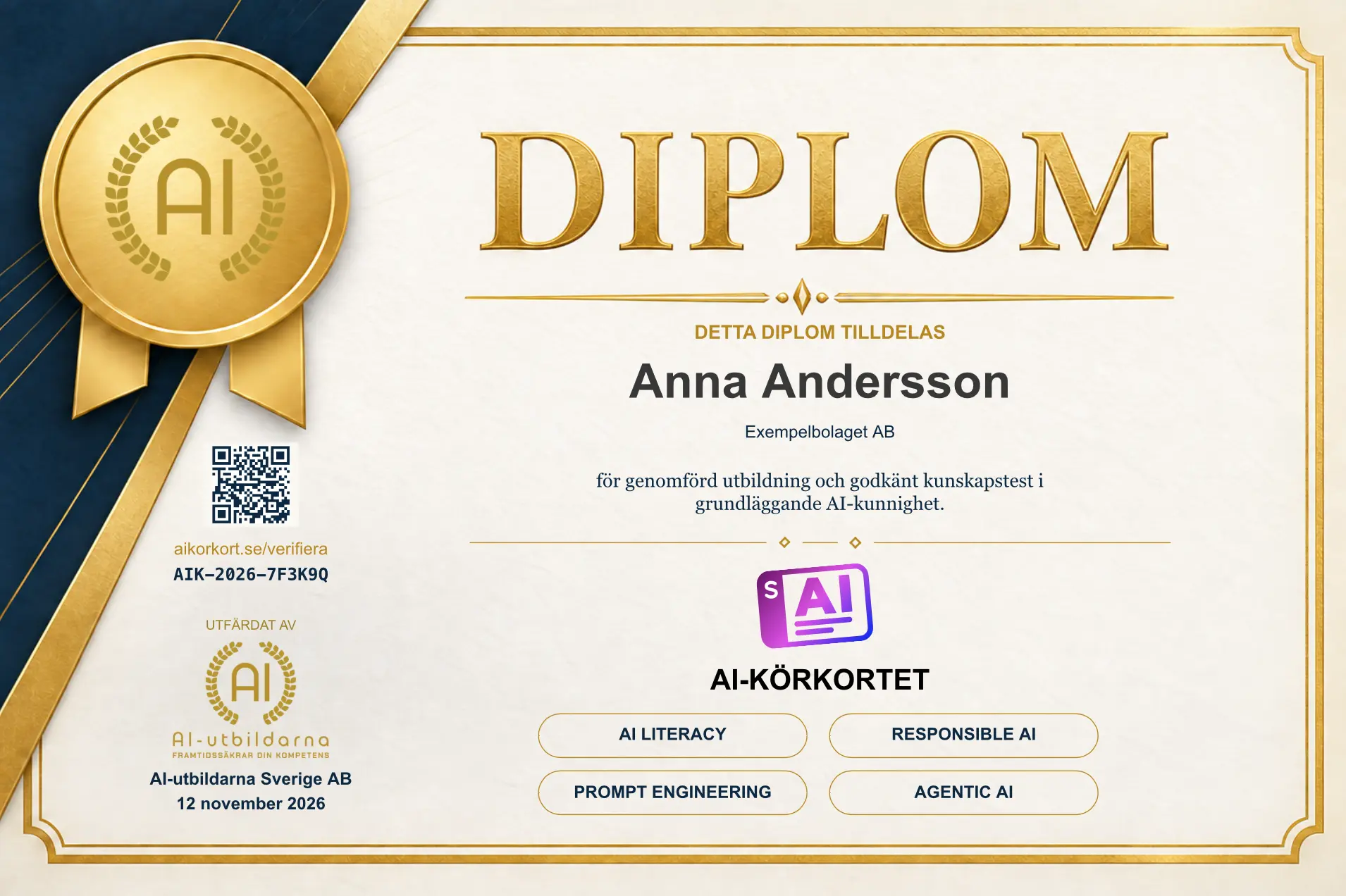 Exempeldiplom med guldram och AI-körkortets kursmärke